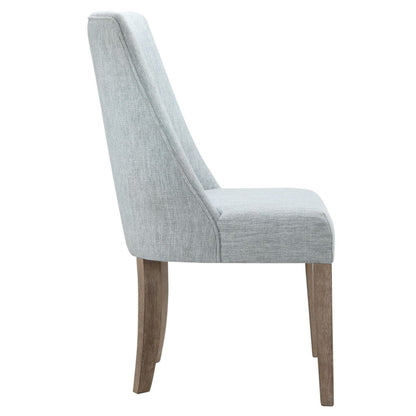 Side view of the Comfortable Dining Chair Upholstered (Set of 2), featuring light gray fabric, wooden legs angled outward, a tall slightly reclined backrest, and a cushioned seat for modern dining comfort.