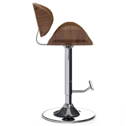 The Marana Multifunctional Handcrafted Bentwood Adjustable Swivel Bar Stool features a curved wooden seat and backrest atop a sleek chrome pedestal base with footrest, displayed against a white background.