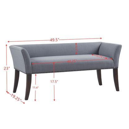 Elegant Design Bench Upholstery features a solid wood frame, gray fabric, flared arms, dark legs, and nailhead trim. Dimensions: 49.5"W x 23"H x 19.25"D; seat height 17.5", seat depth 15.75", armrest width 5.5".