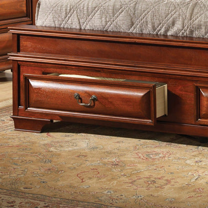The Lavita - Storage Bed features a partially open drawer at the foot holding a book, complemented by a gray quilted cover and set on a patterned beige rug.