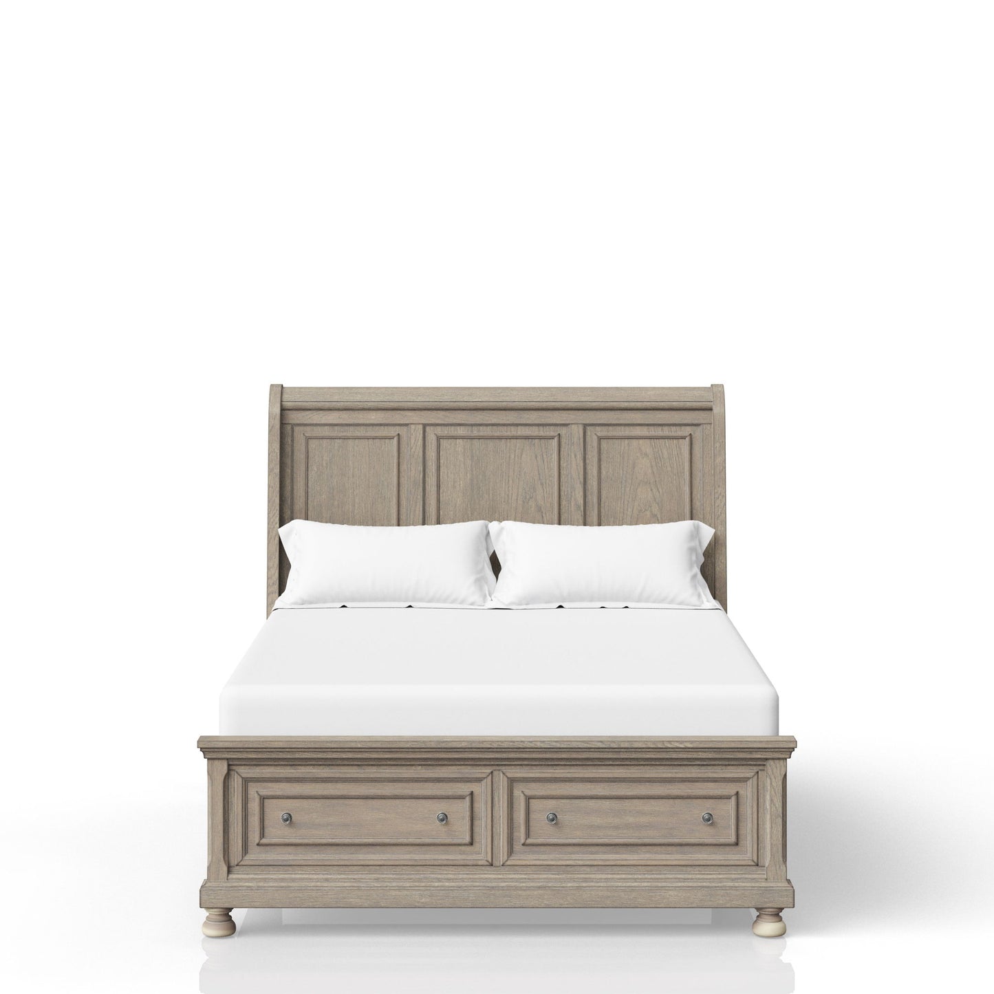 The Elegant Design Storage Bed features a paneled headboard, white mattress, two white pillows, and two storage drawers at the foot, all in a light wood finish against a plain white background.