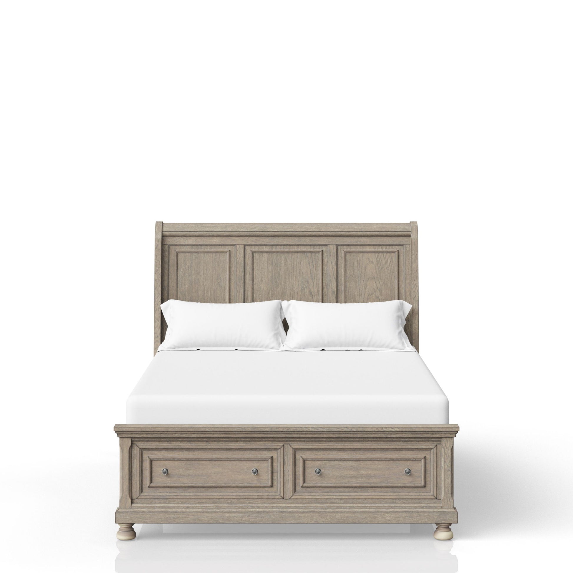 The Elegant Design Storage Bed features a paneled headboard, white mattress, two white pillows, and two storage drawers at the foot, all in a light wood finish against a plain white background.