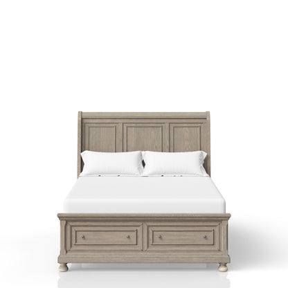 The Elegant Design Storage Bed features a paneled headboard, white mattress, two white pillows, and two storage drawers at the foot, all in a light wood finish against a plain white background.