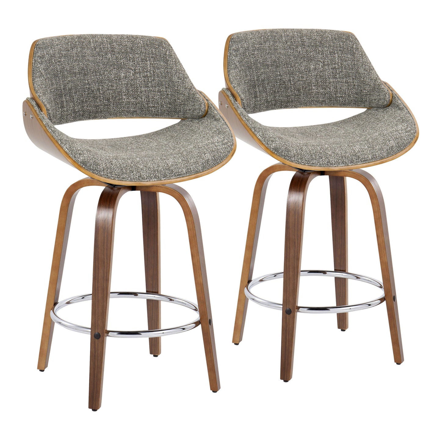 The Fabrizzi Mid Century Modern Counter Stool set includes two stools with curved wooden frames, gray upholstered seats and backs, and round metal footrests, shown side by side against a white background.