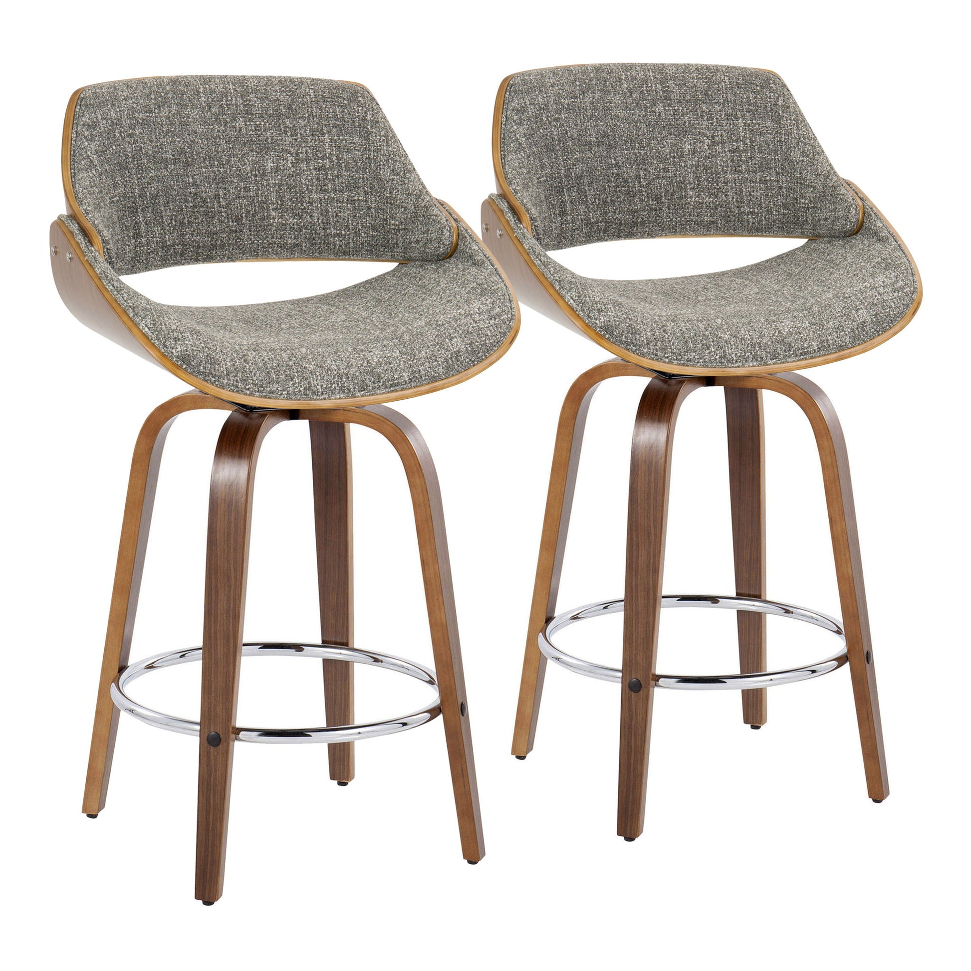 The Fabrizzi Mid Century Modern Counter Stool set includes two stools with curved wooden frames, gray upholstered seats and backs, and round metal footrests, shown side by side against a white background.