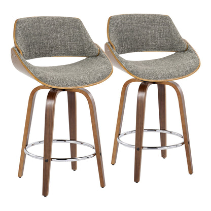 The Fabrizzi Mid Century Modern Counter Stool set includes two stools with curved wooden frames, gray upholstered seats and backs, and round metal footrests, shown side by side against a white background.