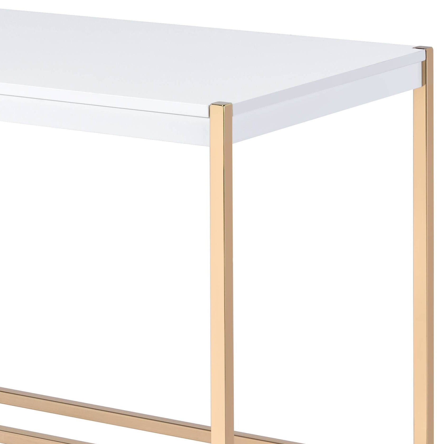 The Midriaks - Writing Desk With USB features a modern white rectangular top and slim gold metal legs, shown from an angle to highlight the corner and part of its side.
