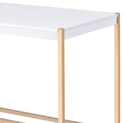 The Midriaks - Writing Desk With USB features a modern white rectangular top and slim gold metal legs, shown from an angle to highlight the corner and part of its side.