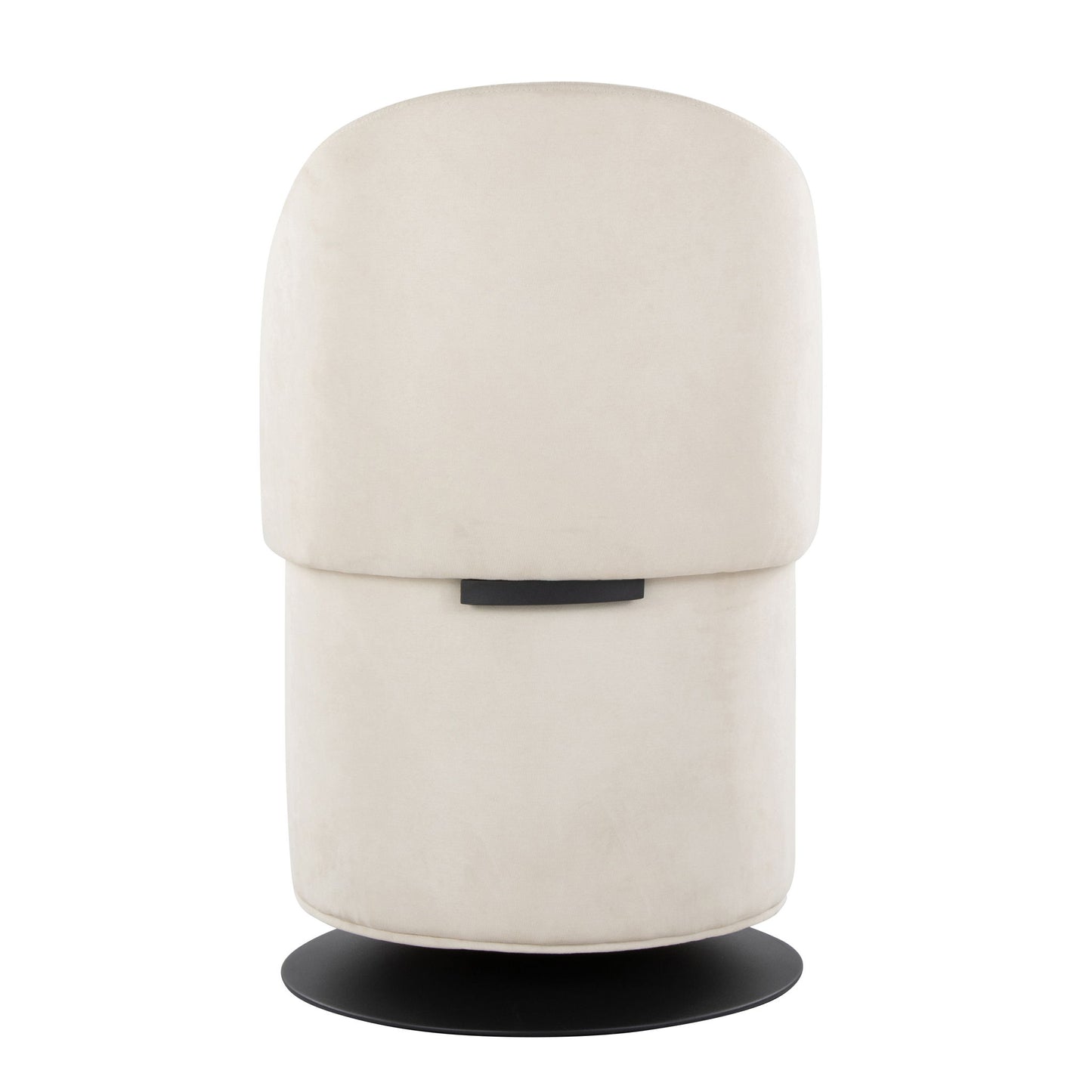 The Finch - Contemporary Chair is a modern beige upholstered swivel chair featuring a rounded backrest and seat on a flat, circular black base, shown from the back.