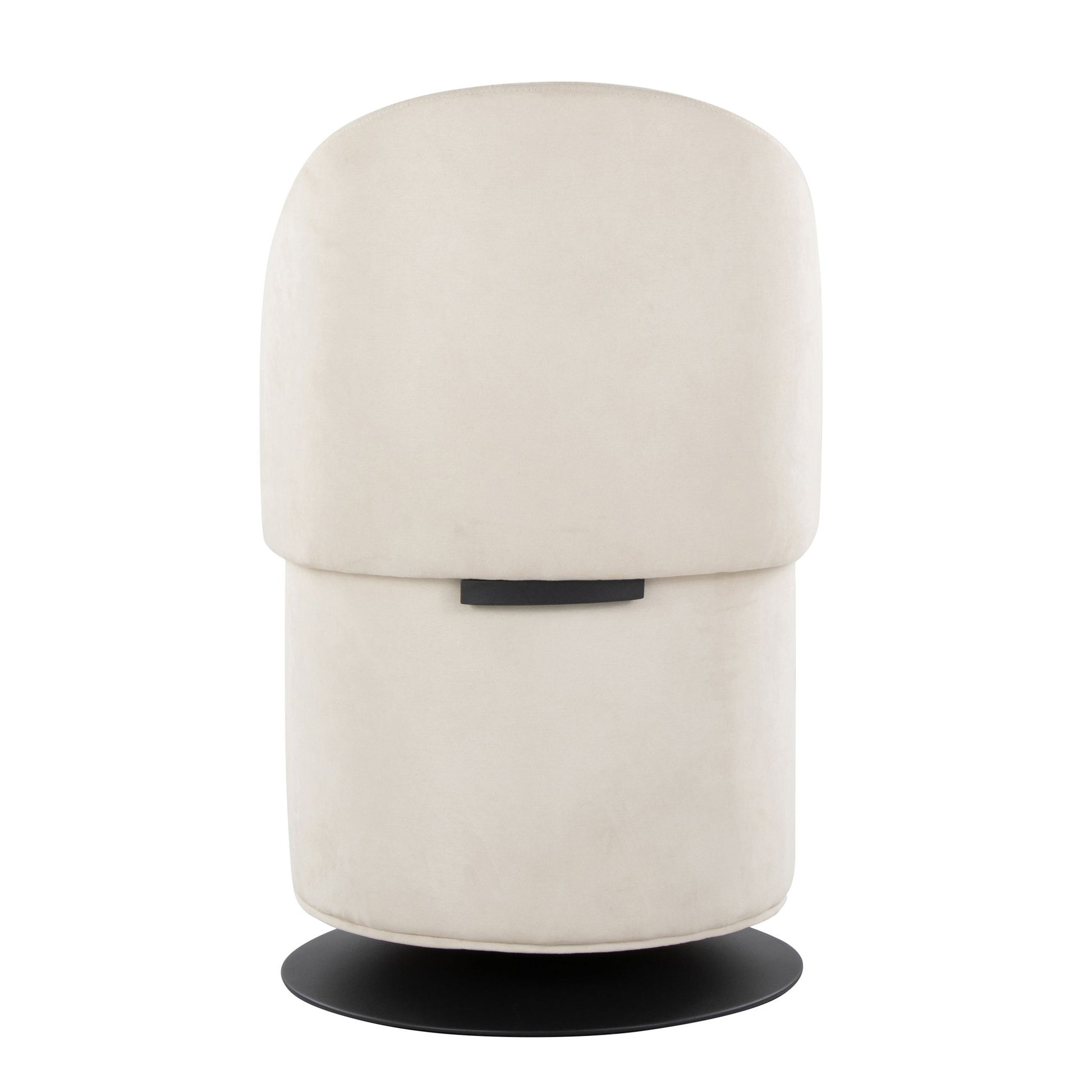 The Finch - Contemporary Chair is a modern beige upholstered swivel chair featuring a rounded backrest and seat on a flat, circular black base, shown from the back.