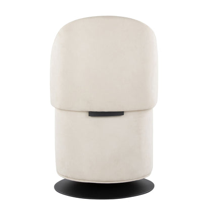 The Finch - Contemporary Chair is a modern beige upholstered swivel chair featuring a rounded backrest and seat on a flat, circular black base, shown from the back.