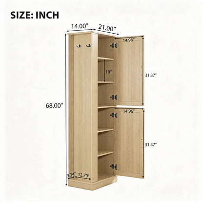 Tall Freestanding Bathroom Storage Cabinet With Adjustable Shelves And Side Hooks