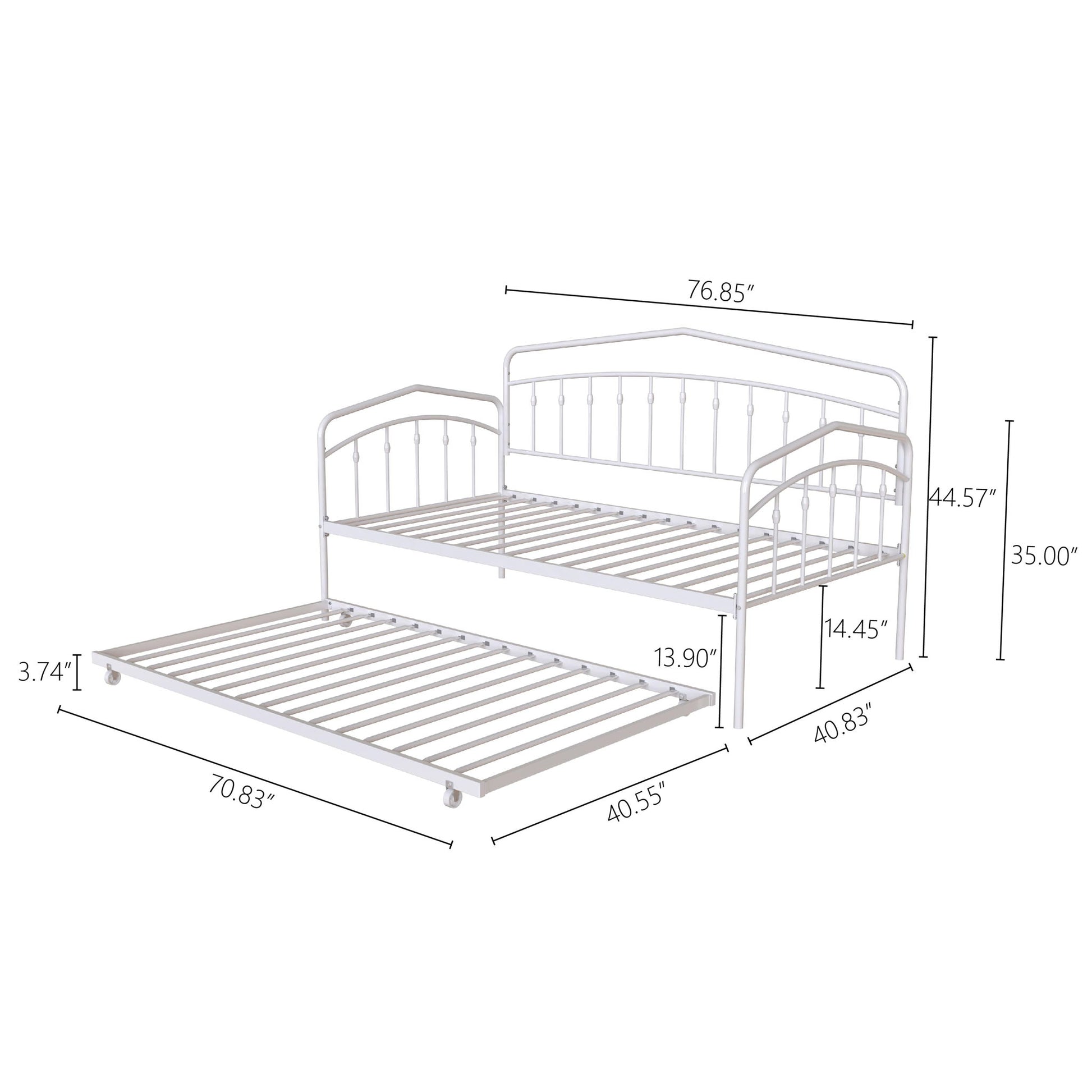 The Fox Daybed With Twin Trundle is shown angled, featuring a bed 76.85"W x 44.57"H (headboard) x 40.83"D and a trundle 70.83"L x 40.55"W x 3.74"H with a 13.9" under-bed clearance.