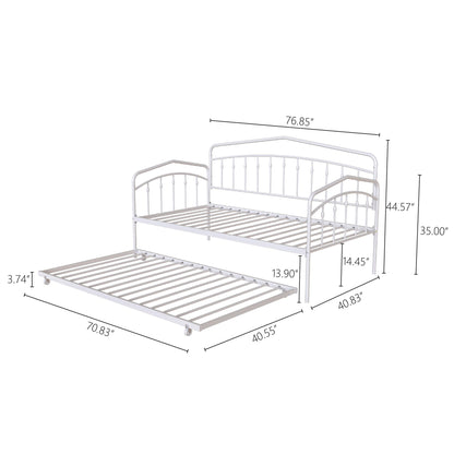 The Fox Daybed With Twin Trundle is shown angled, featuring a bed 76.85"W x 44.57"H (headboard) x 40.83"D and a trundle 70.83"L x 40.55"W x 3.74"H with a 13.9" under-bed clearance.