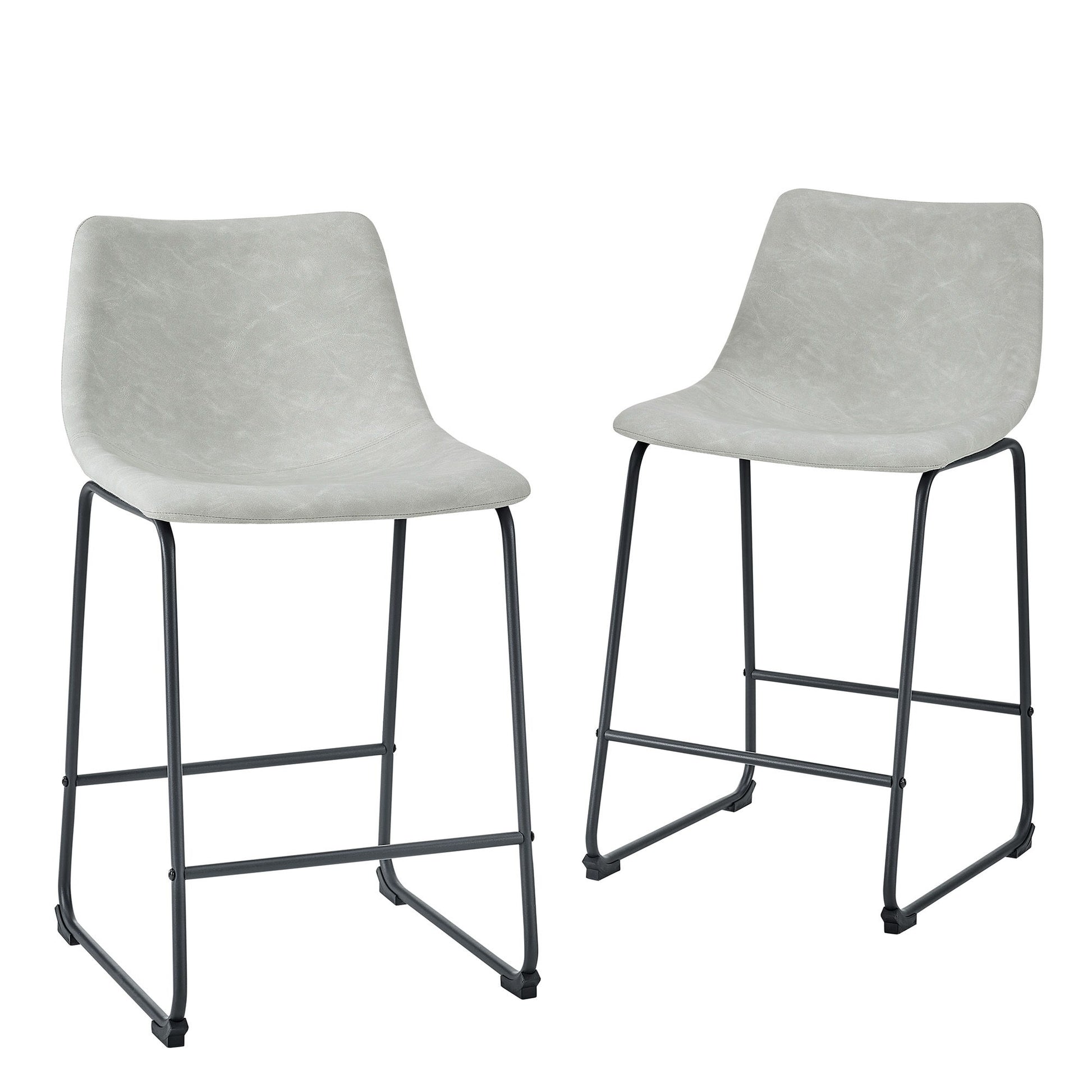 The Industrial Counter Stools (Set of 2) feature light gray molded seats and black metal legs, shown side by side on a white background.