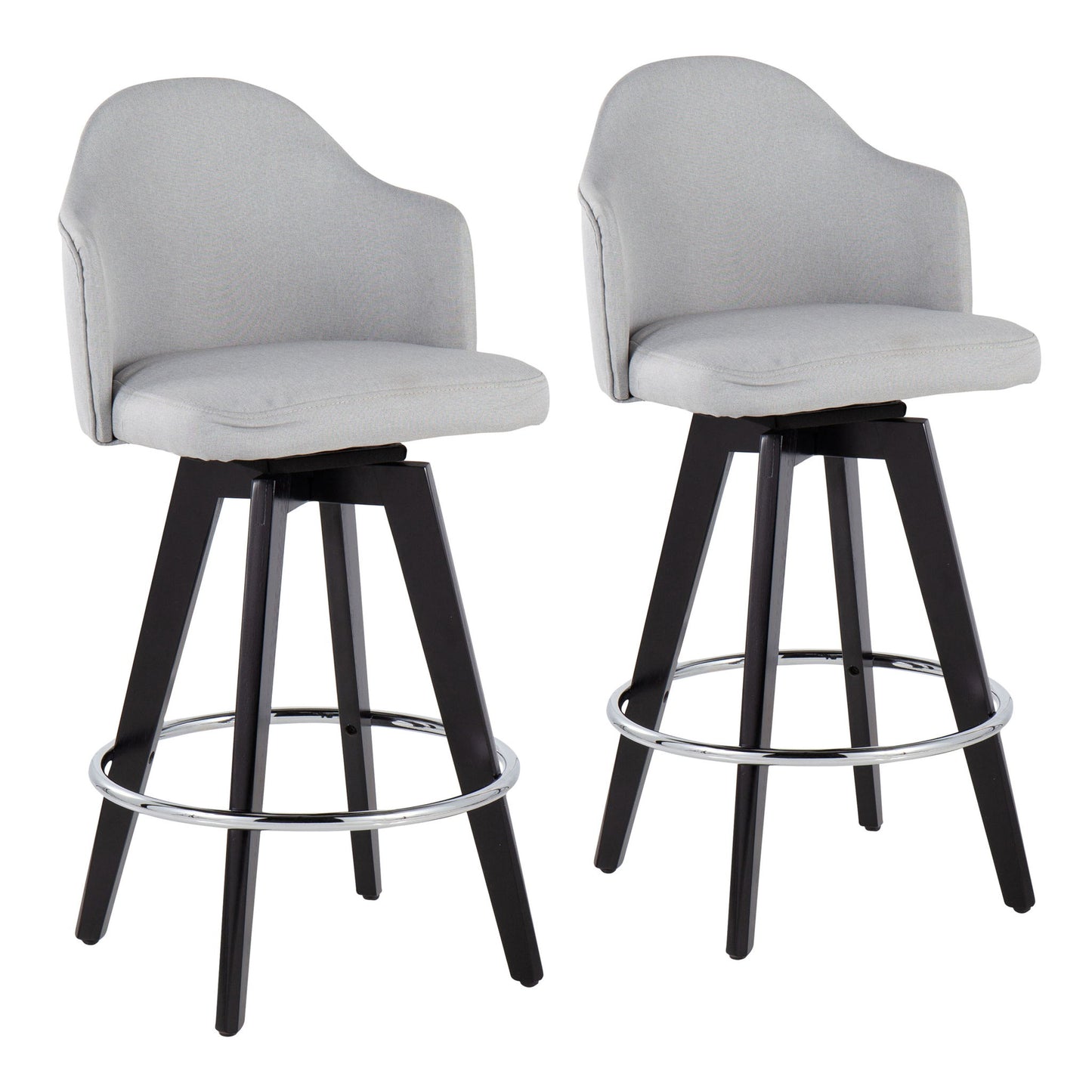 The Ahoy Contemporary Fixed Height Counter Stool (Set of 2) features light gray upholstered seats and backs, black wooden legs, and round chrome footrests, shown side by side on a white background.