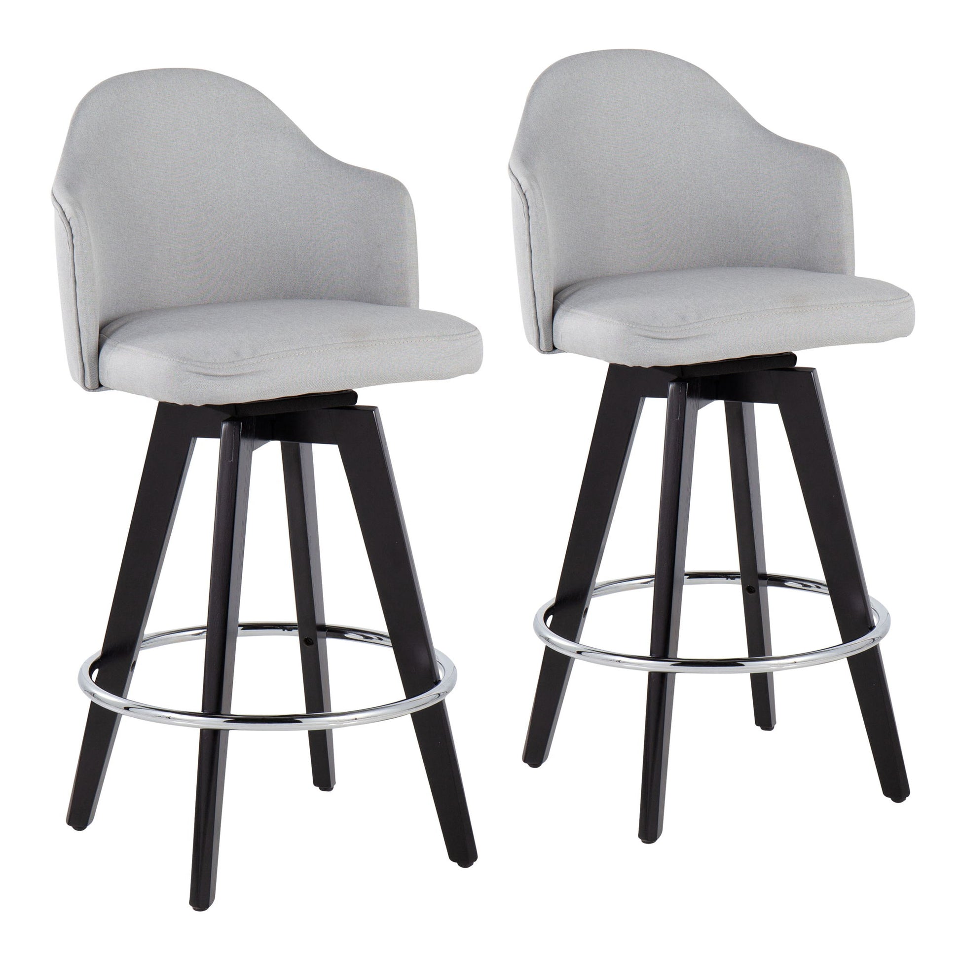 The Ahoy Contemporary Fixed Height Counter Stool (Set of 2) features light gray upholstered seats and backs, black wooden legs, and round chrome footrests, shown side by side on a white background.