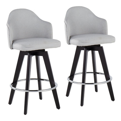 The Ahoy Contemporary Fixed Height Counter Stool (Set of 2) features light gray upholstered seats and backs, black wooden legs, and round chrome footrests, shown side by side on a white background.