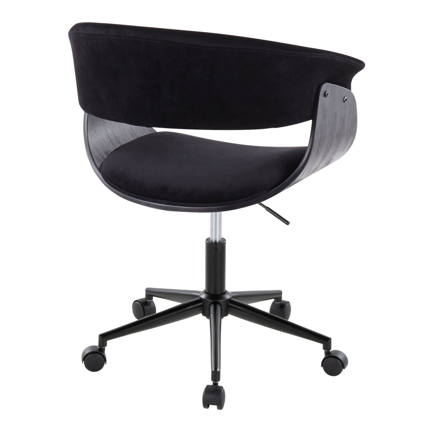 The Vintage Mod - Mid Century Modern Office Chair features a black open-back design, cushioned seat, curved armrests, five-wheel base, and adjustable height for stylish and comfortable office seating.