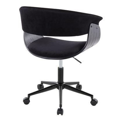 The Vintage Mod - Mid Century Modern Office Chair features a black open-back design, cushioned seat, curved armrests, five-wheel base, and adjustable height for stylish and comfortable office seating.