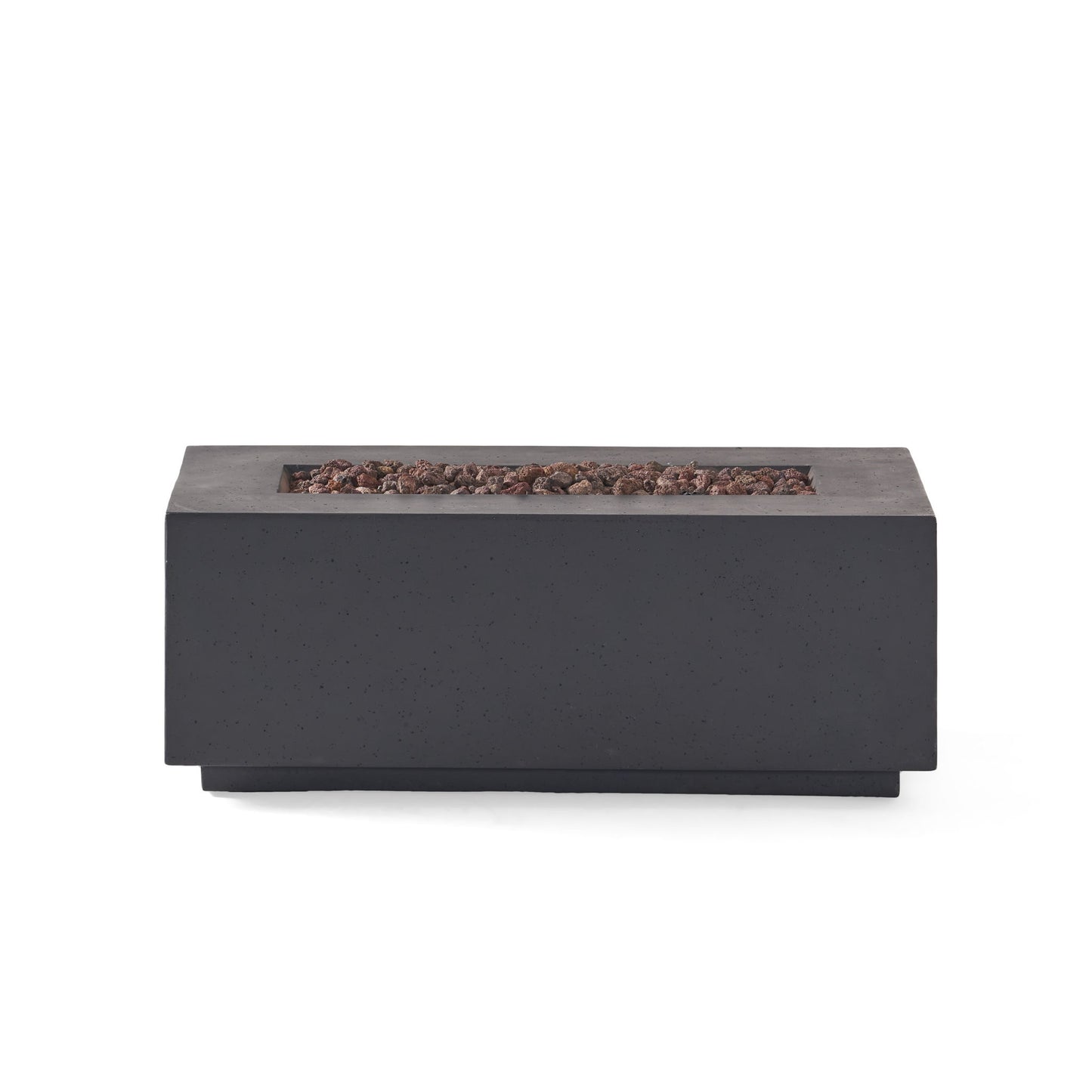 The Contemporary Outdoor 40,000 Btu Propane Fire Pit is a rectangular, modern black unit with a wide flat top and recessed center filled with brown lava rocks, shown on a plain white background.