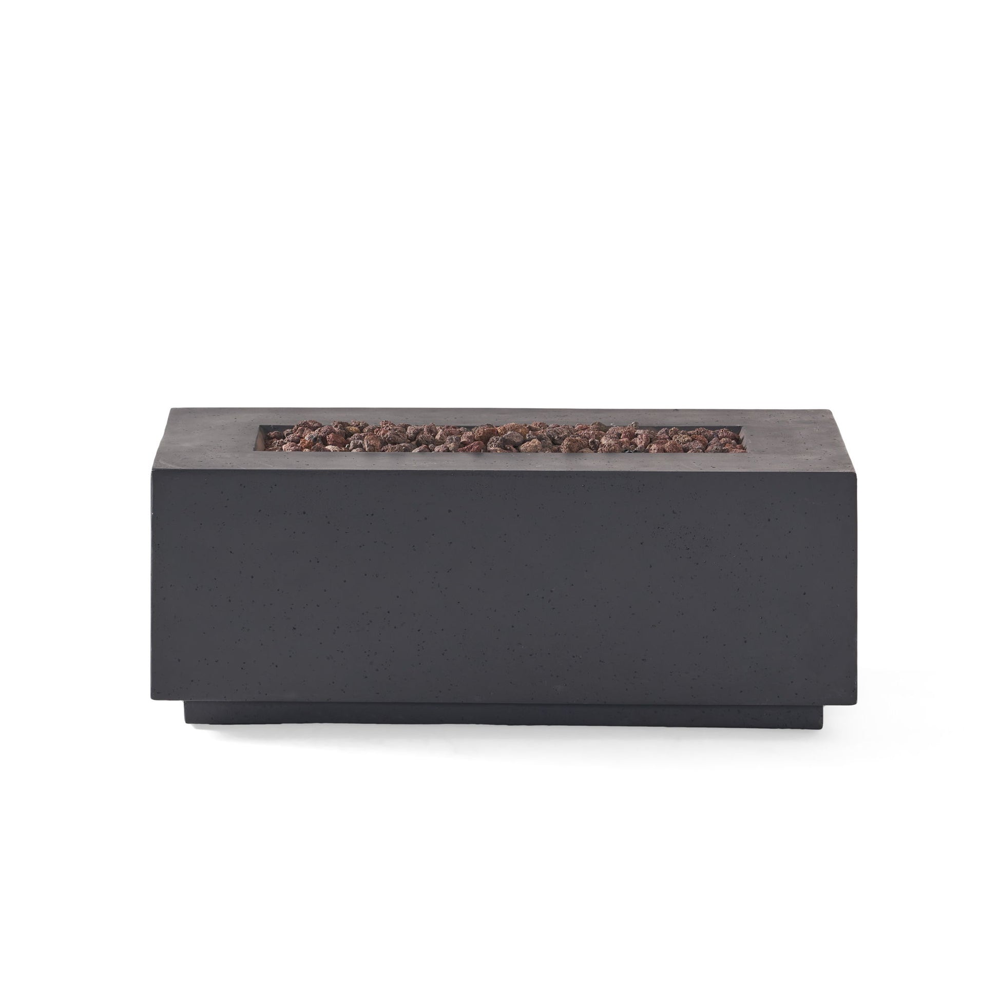 The Contemporary Outdoor 40,000 Btu Propane Fire Pit is a rectangular, modern black unit with a wide flat top and recessed center filled with brown lava rocks, shown on a plain white background.