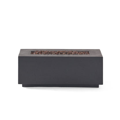The Contemporary Outdoor 40,000 Btu Propane Fire Pit is a rectangular, modern black unit with a wide flat top and recessed center filled with brown lava rocks, shown on a plain white background.