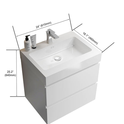 The Alice Bathroom Vanity features a wall-mounted, modern design with large storage, a one-piece sink basin, and two drawers. Dimensions: 24" (610mm) W x 18.1" (460mm) D x 25.2" (640mm) H. Faucet and drain not included.