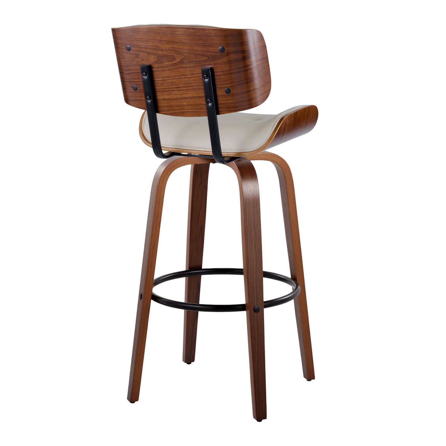 The Lombardi Mid-Century Modern Fixed Height Barstool (Set of 2) features a curved wooden backrest, white cushioned seat, black metal supports, angled legs, and a round footrest with swivel functionality.