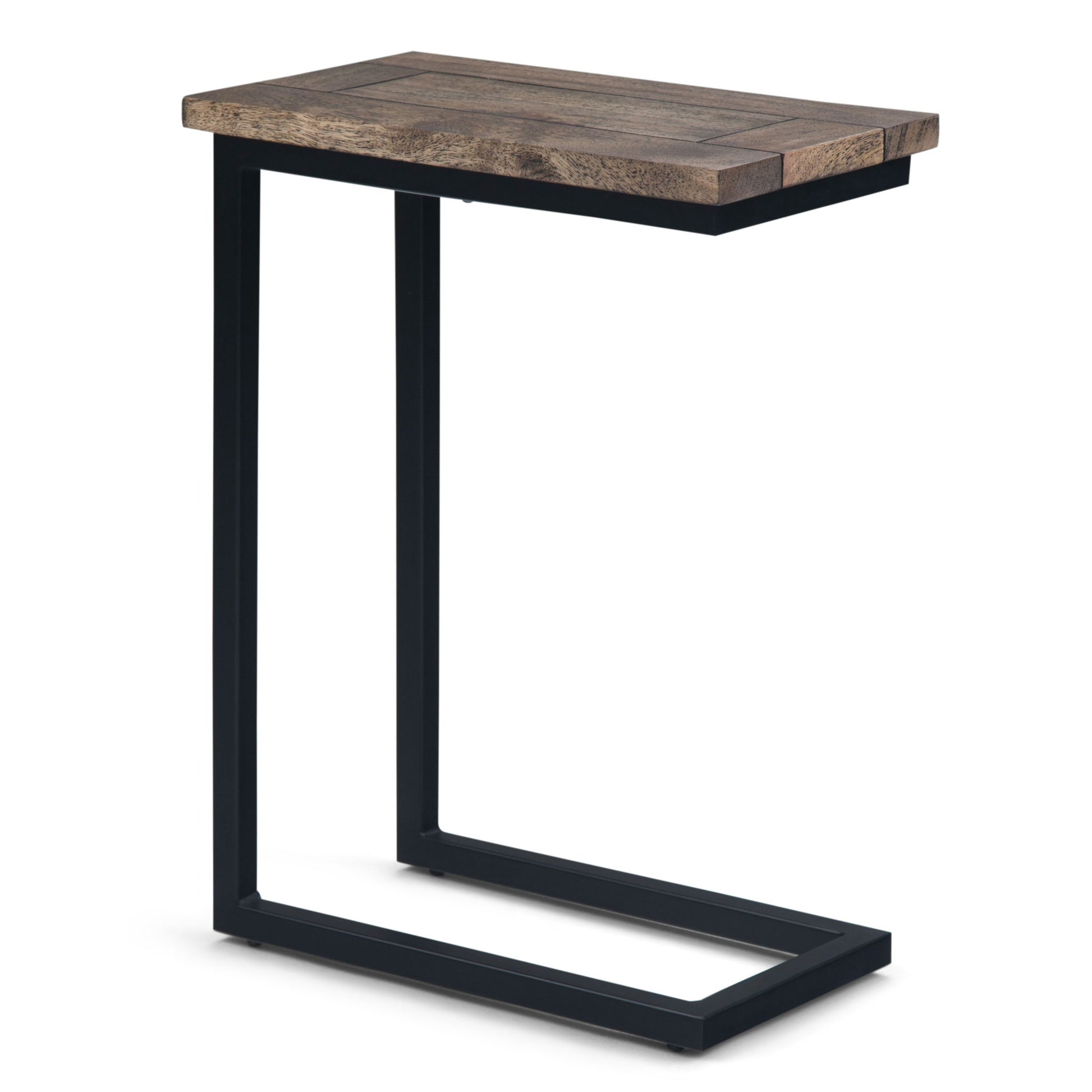 The Skyler - C Side Handcrafted Table features a modern design with a wooden top and black metal frame, easily sliding under furniture for added convenience.
