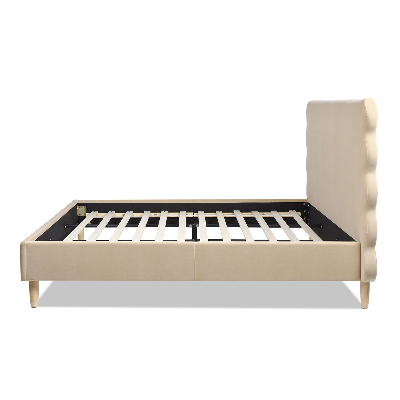 The Stockholm - Modern Wavy Headboard Platform Bed features beige upholstery, wooden slats, a tall cushioned headboard with a wavy edge, and four tapered legs. Mattress not included.