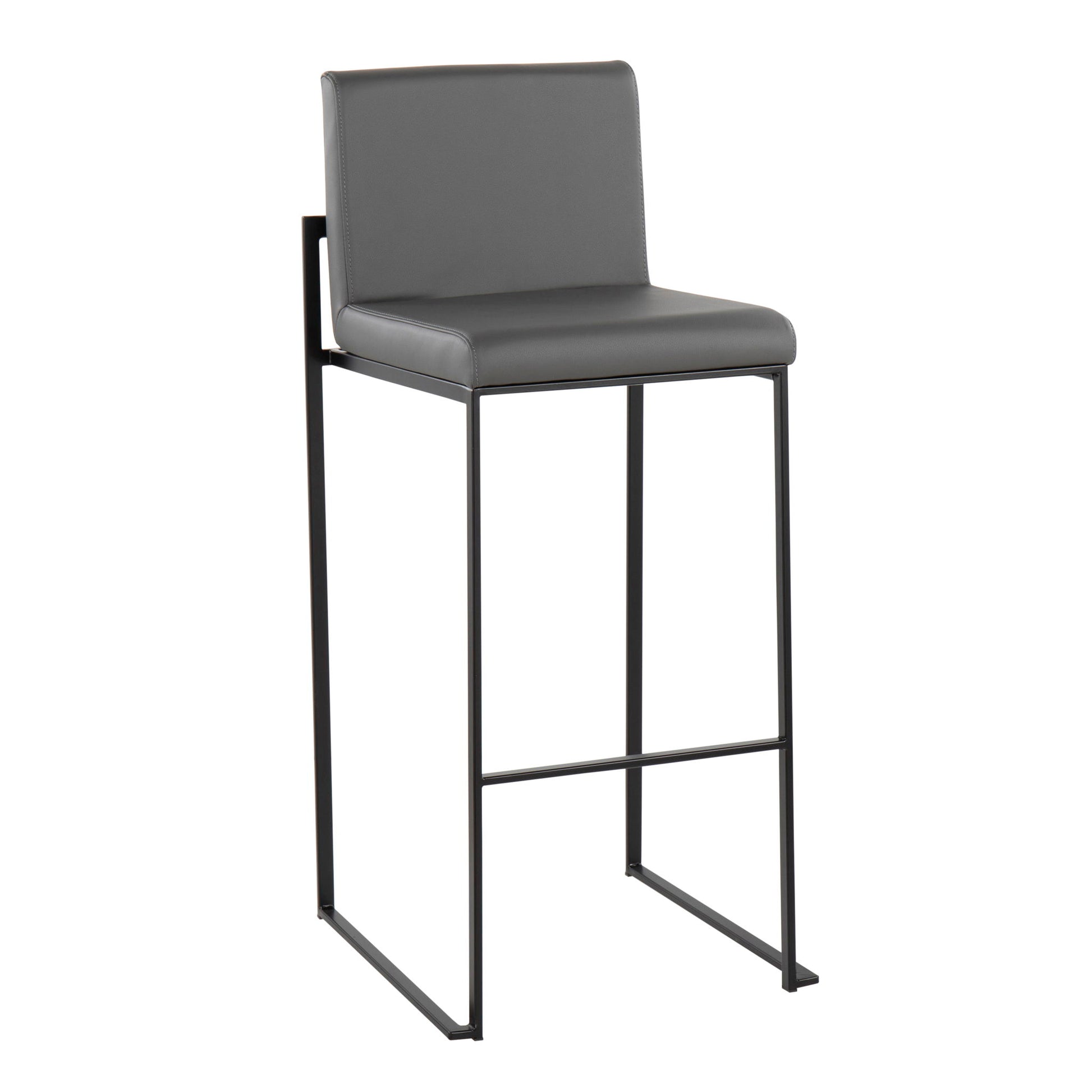 The Fuji - Contemporary High Back Barstool features a sleek gray cushioned seat and backrest on a slim black metal frame, offering an elegant design with an integrated footrest for modern style and comfort.