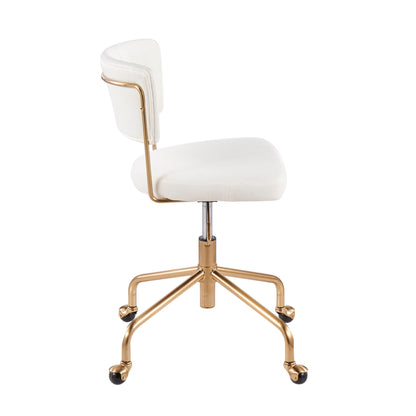 The Tania - Contemporary Task Chair features a white cushioned seat and backrest, gold metal frame and base, and five black caster wheels, viewed from the side.