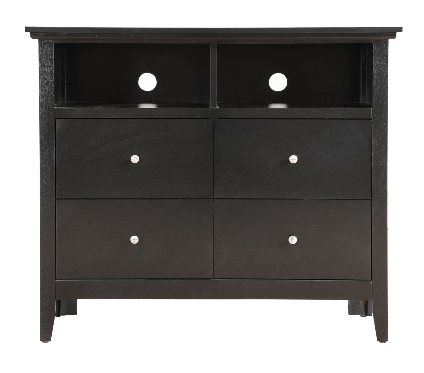 The Charming Media Chest With Storage is a black wooden dresser with four drawers featuring round silver knobs and two open shelves with circular back holes for cables. It stands on short legs.