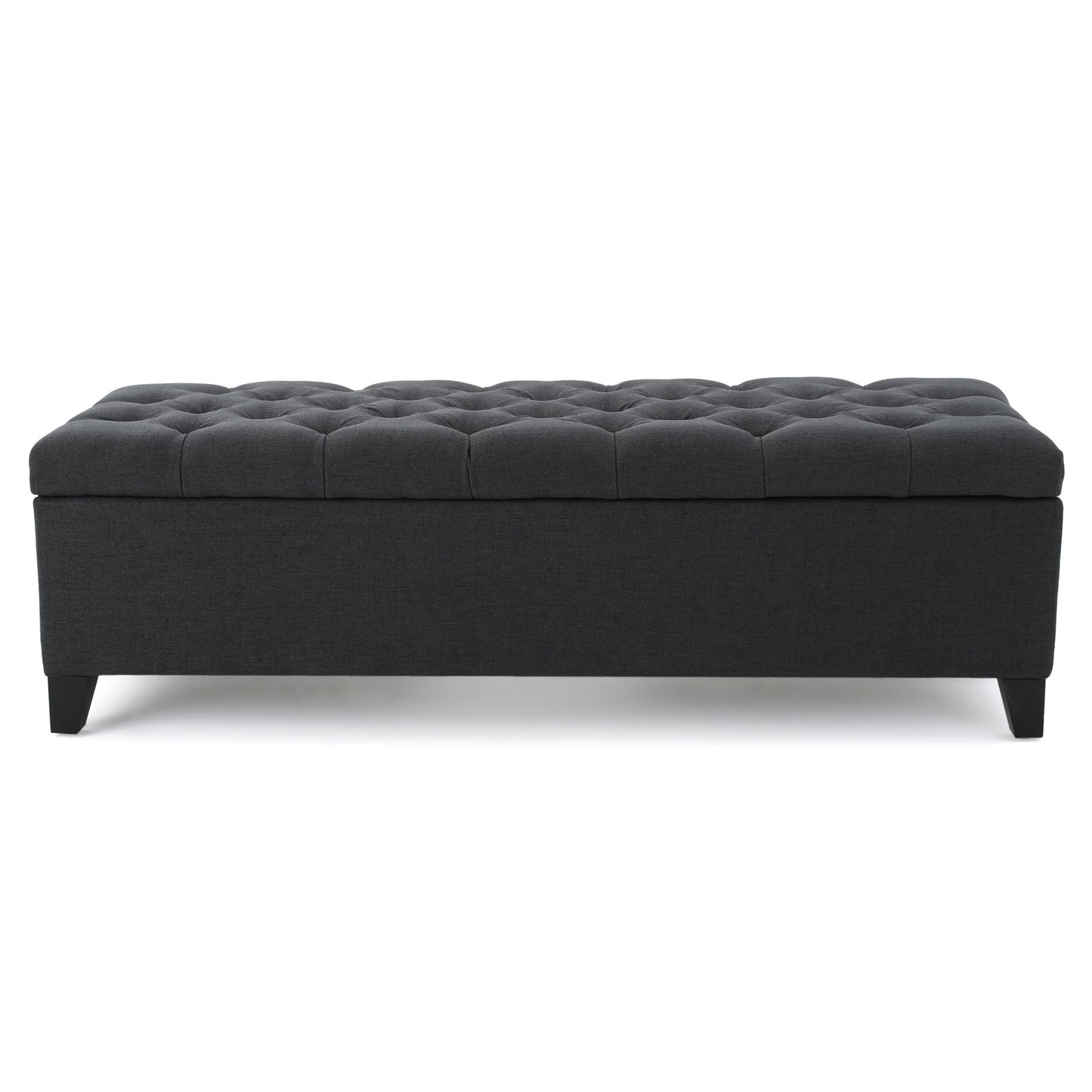 The Glouster Contemporary Storage Ottoman features a rectangular, dark gray button-tufted design with short black legs, displayed against a white background.