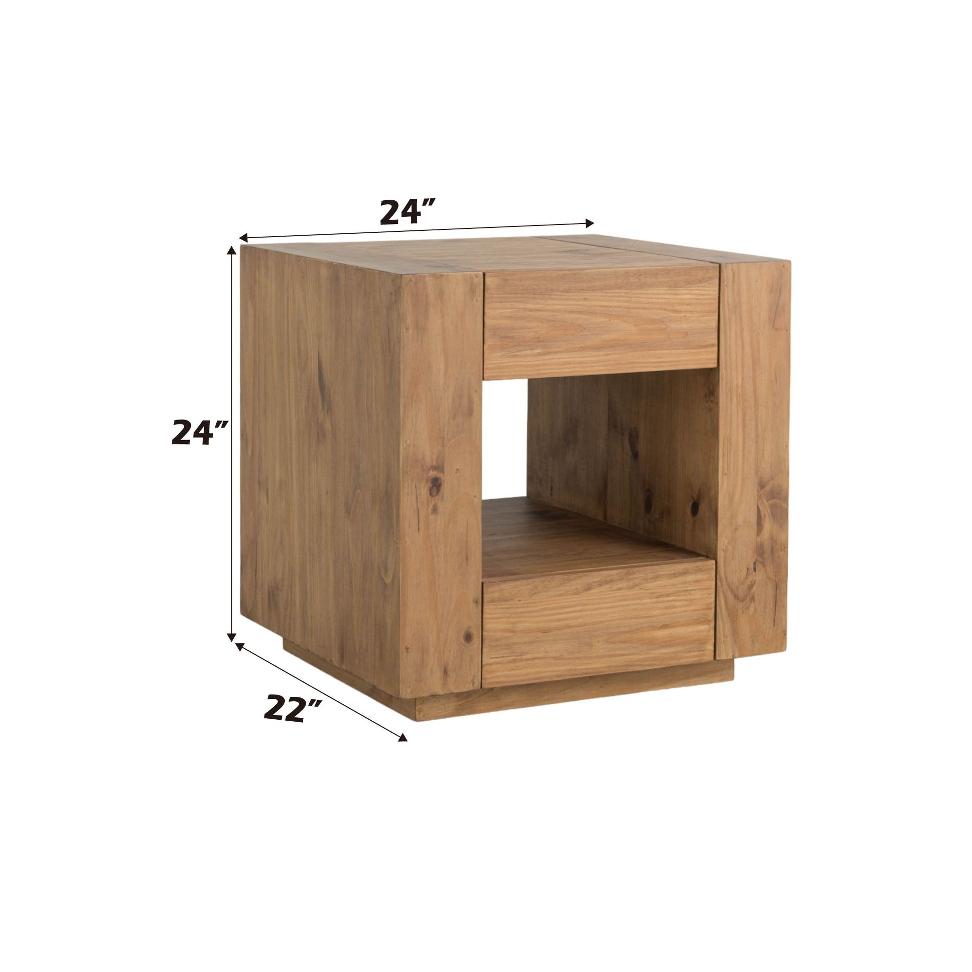 The Harlan End Table in oak features a square shape, natural finish, an open shelf, and a drawer. It measures 24"H x 24"W x 22"D. Black arrows indicate dimensions.