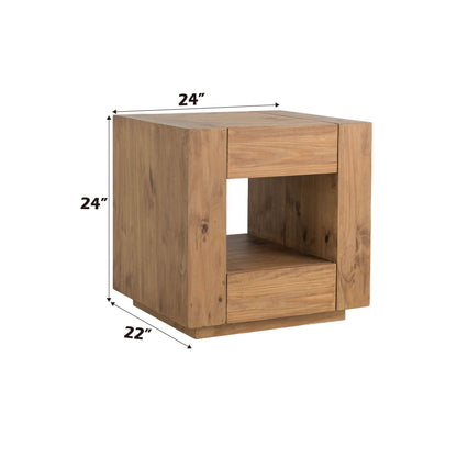 The Harlan End Table in oak features a square shape, natural finish, an open shelf, and a drawer. It measures 24"H x 24"W x 22"D. Black arrows indicate dimensions.
