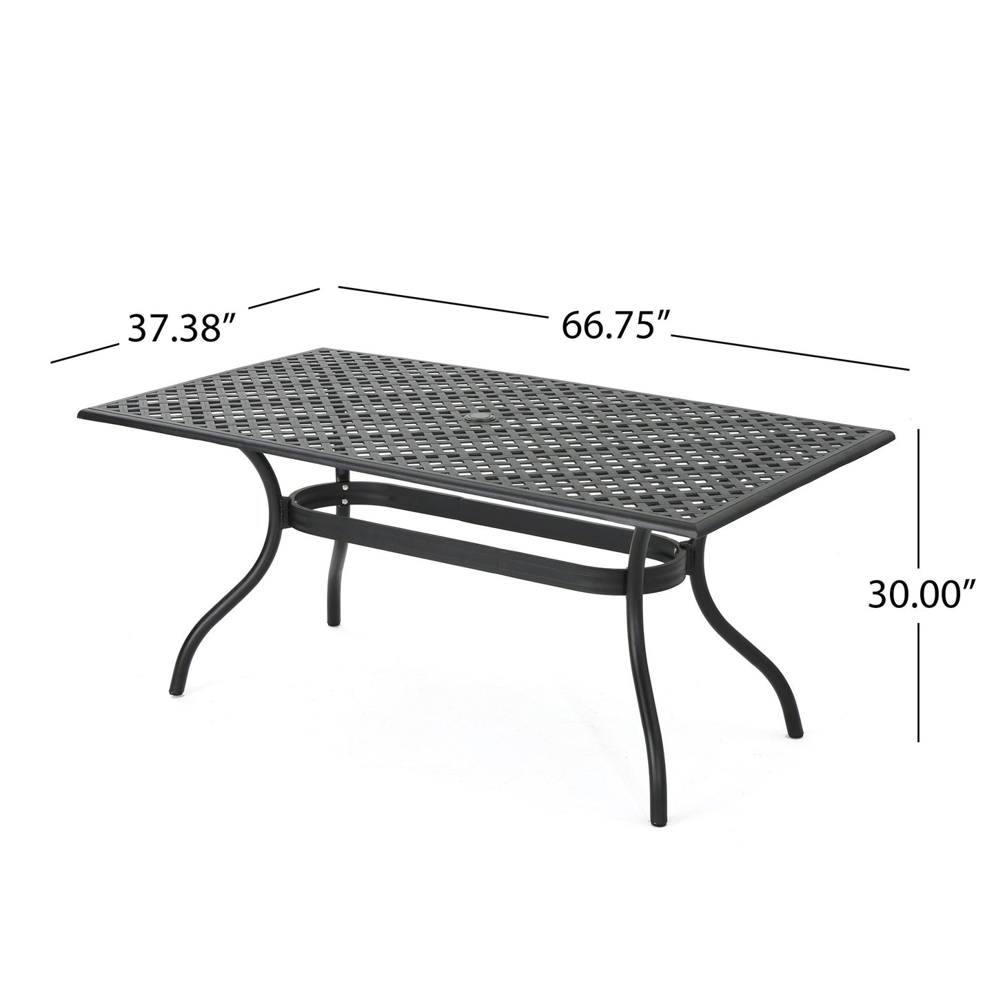 Black aluminum outdoor dining table with a lattice top, curved legs, center umbrella hole, and support bar underneath. Measures 66.75"L x 37.38"W x 30"H.