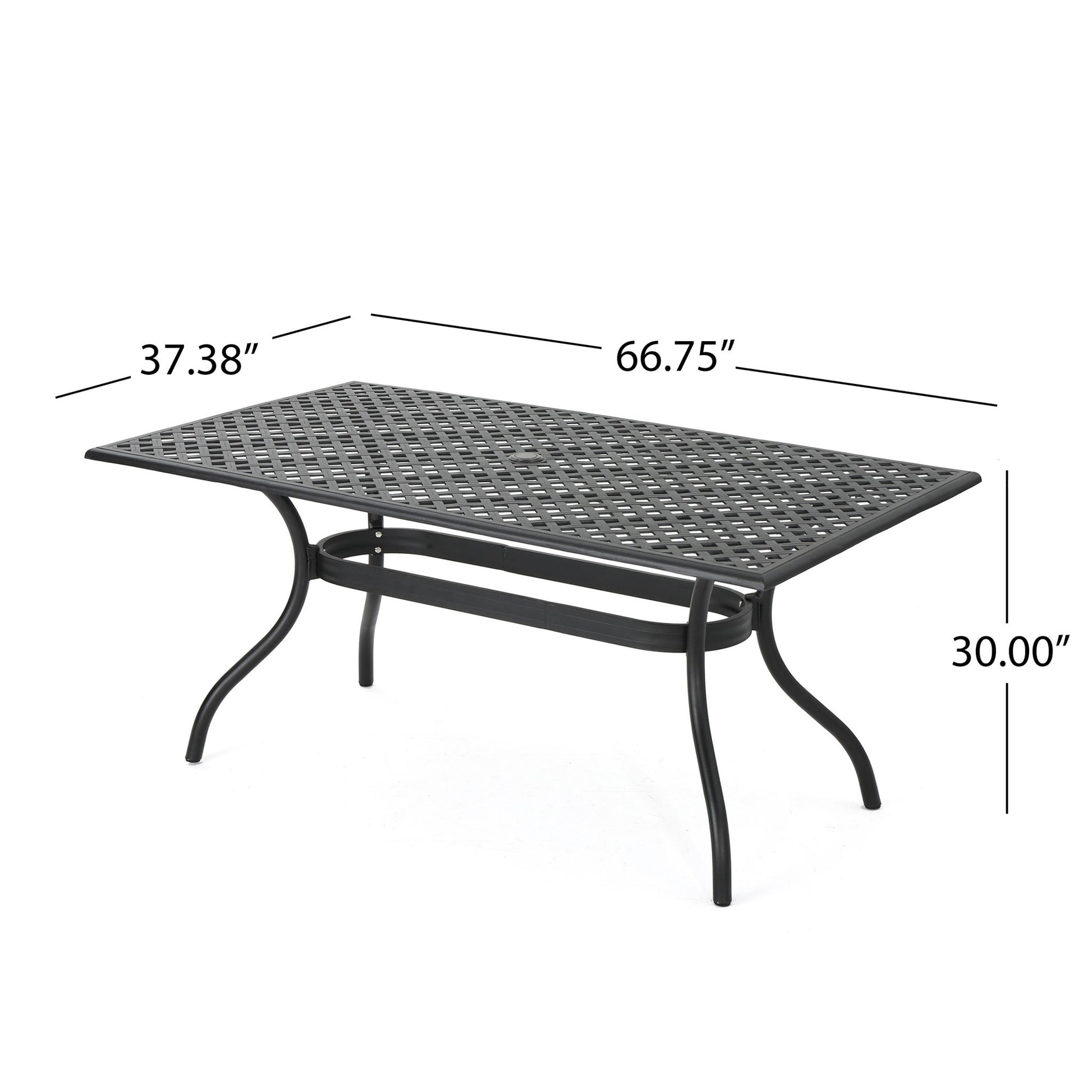 Black aluminum outdoor dining table with a lattice top, curved legs, center umbrella hole, and support bar underneath. Measures 66.75"L x 37.38"W x 30"H.