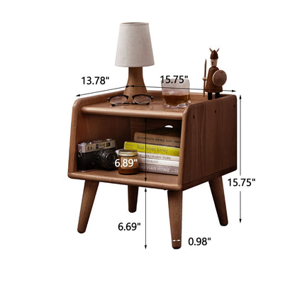 The Bedside Cabinet, Modern Simple Nightstands European Beech features four legs, a shelf for books and a camera, and a top surface for a lamp, glasses, drink, and decor. Dimensions are displayed in inches.