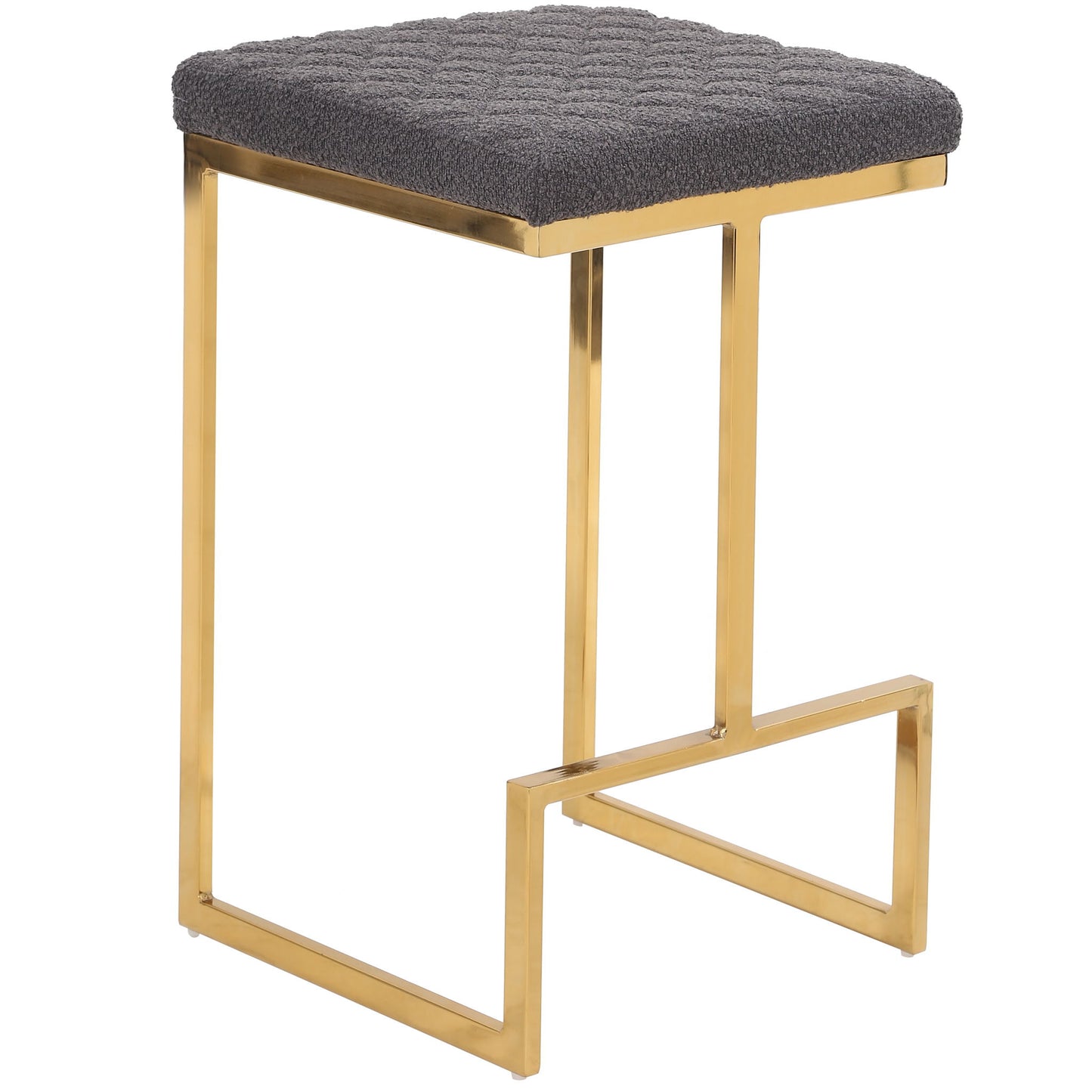 The Joel - Mid Century Modern Luxury Upholstered Stool features a gold metal frame, a square textured dark gray cushion, an open geometric design, and a convenient footrest for added comfort.