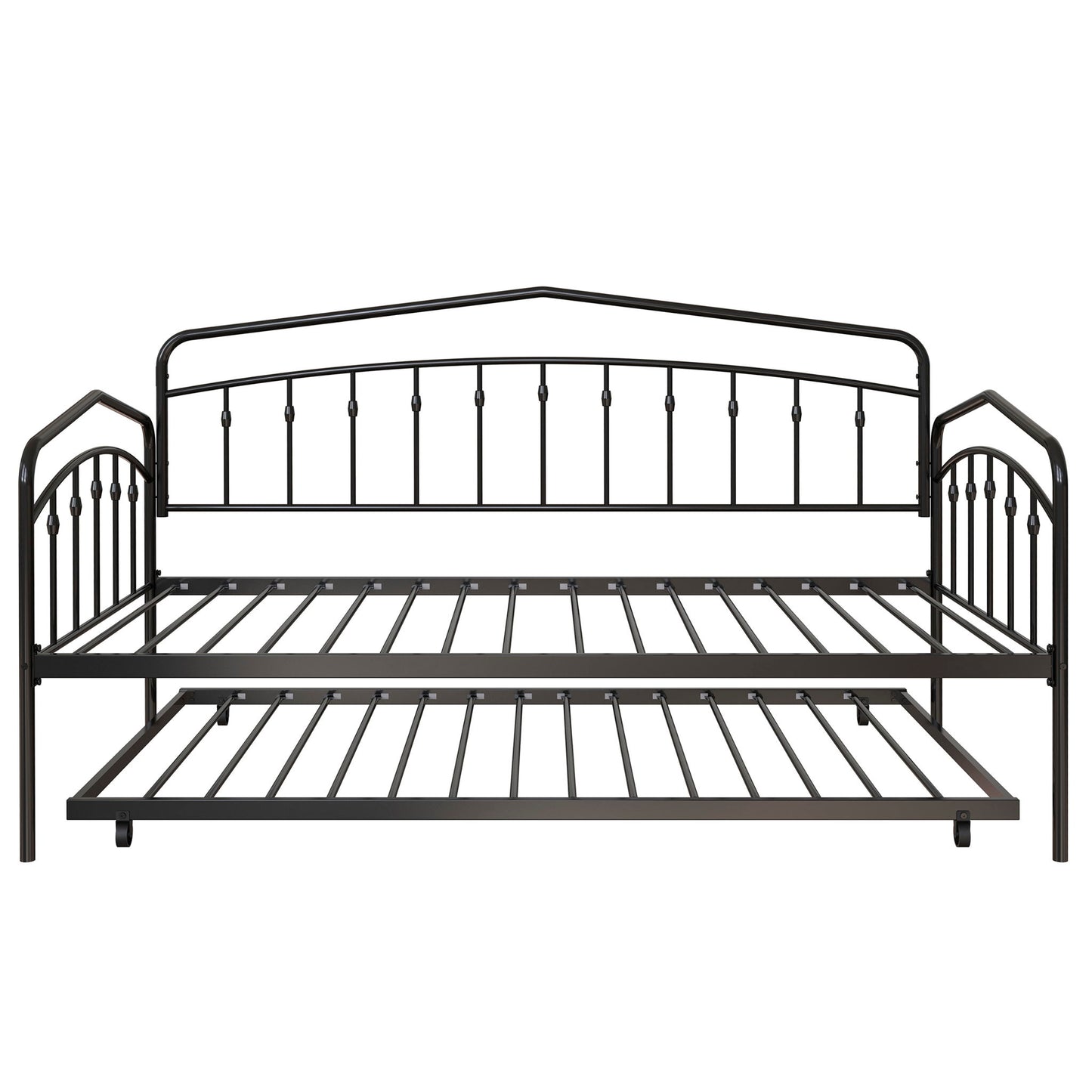 The Fox - Daybed With Twin Trundle features a black metal frame with decorative vertical slats and matching patterns on the headboard, footboard, and side panels. Includes a pull-out trundle bed underneath for extra sleeping space.