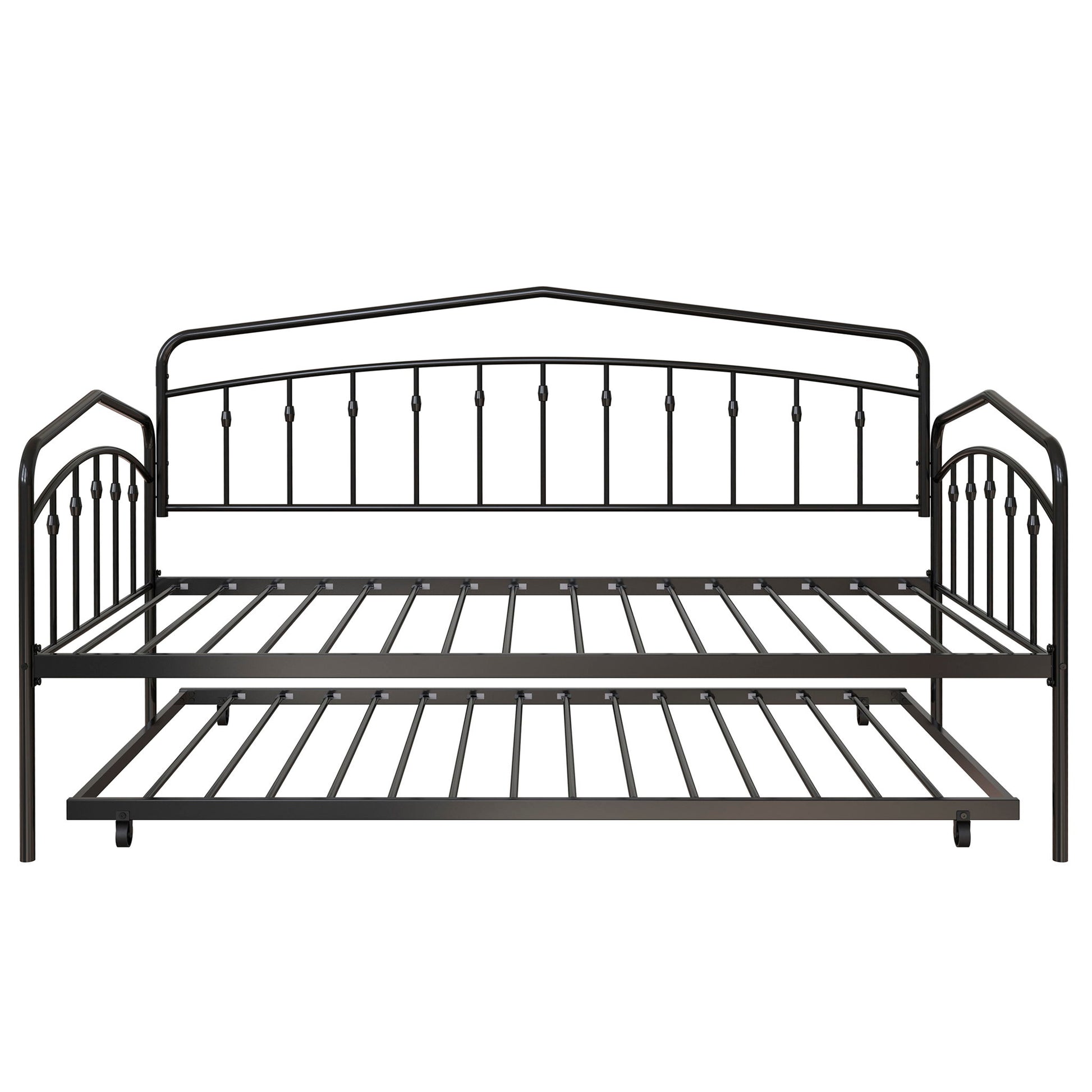 The Fox - Daybed With Twin Trundle features a black metal frame with decorative vertical slats and matching patterns on the headboard, footboard, and side panels. Includes a pull-out trundle bed underneath for extra sleeping space.