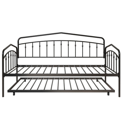 The Fox - Daybed With Twin Trundle features a black metal frame with decorative vertical slats and matching patterns on the headboard, footboard, and side panels. Includes a pull-out trundle bed underneath for extra sleeping space.