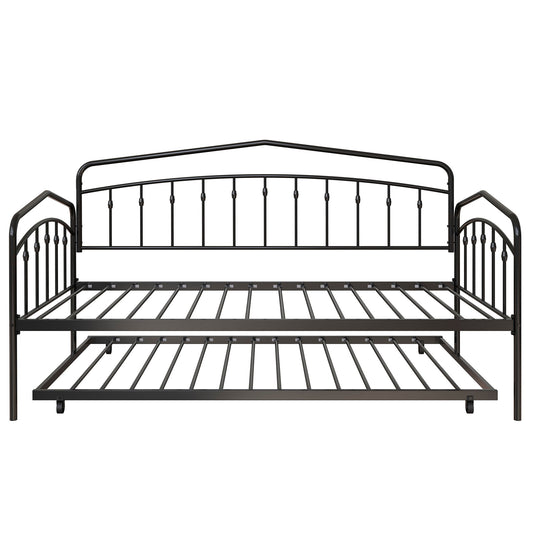 The Fox - Daybed With Twin Trundle features a black metal frame with decorative vertical slats and matching patterns on the headboard, footboard, and side panels. Includes a pull-out trundle bed underneath for extra sleeping space.