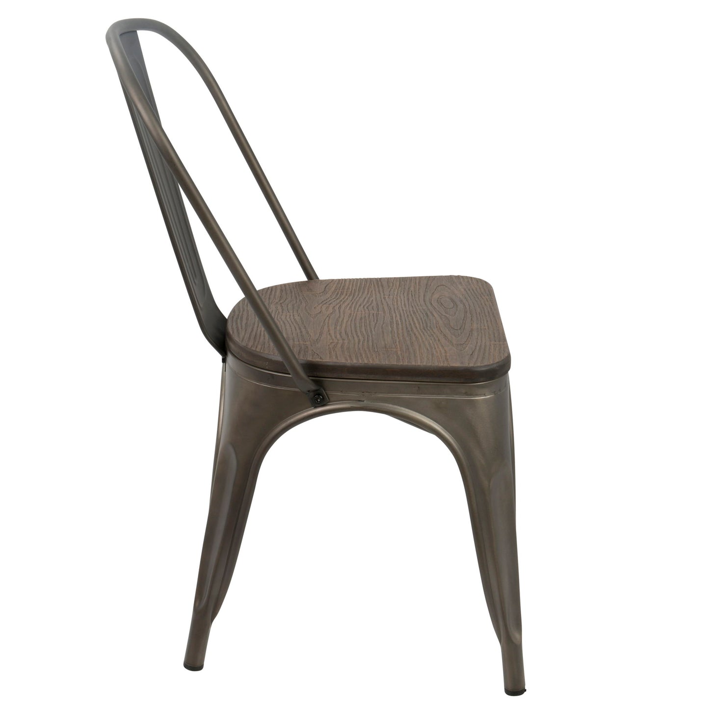 The Oregon - IndustrialFarmhouse Stackable Dining Chair (Set of 2) features a sturdy metal frame, curved backrest, angled legs, and a square wooden seat, creating an industrial look. Shown side view on a white background.