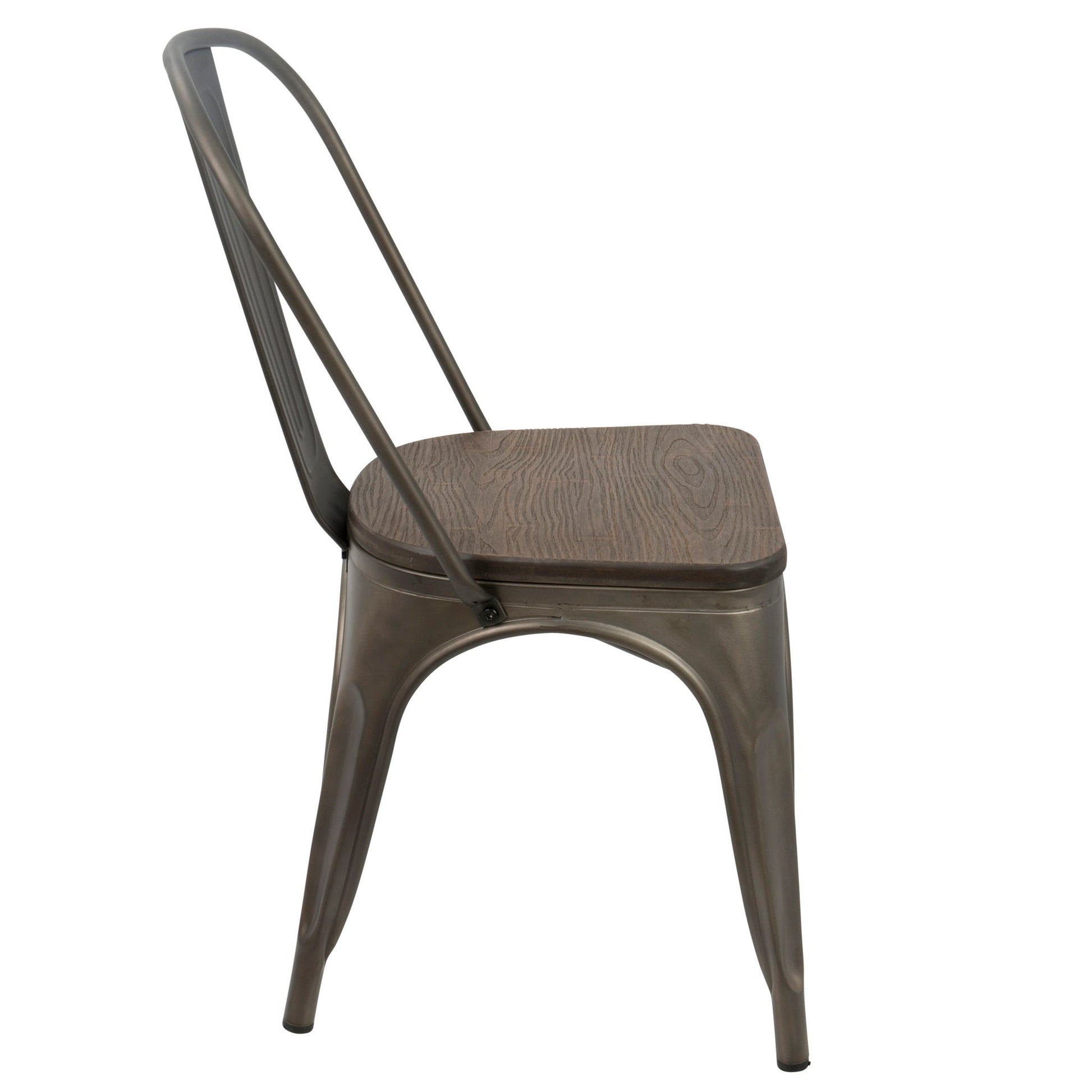 The Oregon - IndustrialFarmhouse Stackable Dining Chair (Set of 2) features a sturdy metal frame, curved backrest, angled legs, and a square wooden seat, creating an industrial look. Shown side view on a white background.