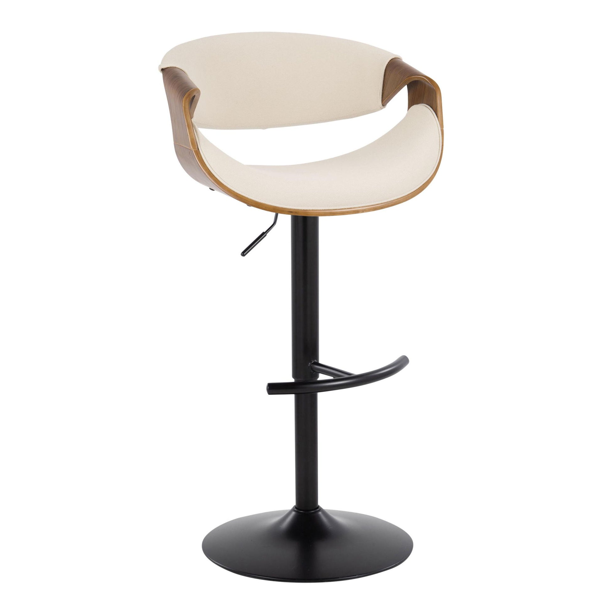 The Curvo Set of 2 features mid-century modern adjustable barstools with swivel, curved wooden backrest, cream cushioned seat, black metal pedestal base, and rounded T footrest.