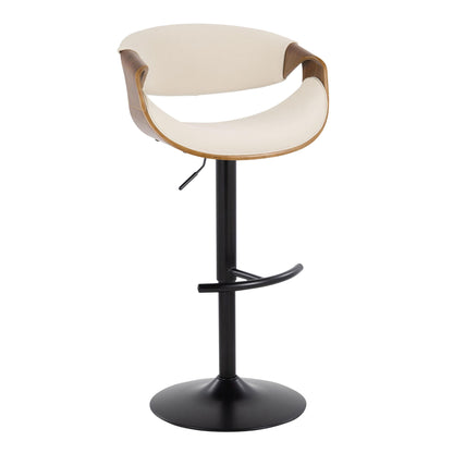 The Curvo Set of 2 features mid-century modern adjustable barstools with swivel, curved wooden backrest, cream cushioned seat, black metal pedestal base, and rounded T footrest.