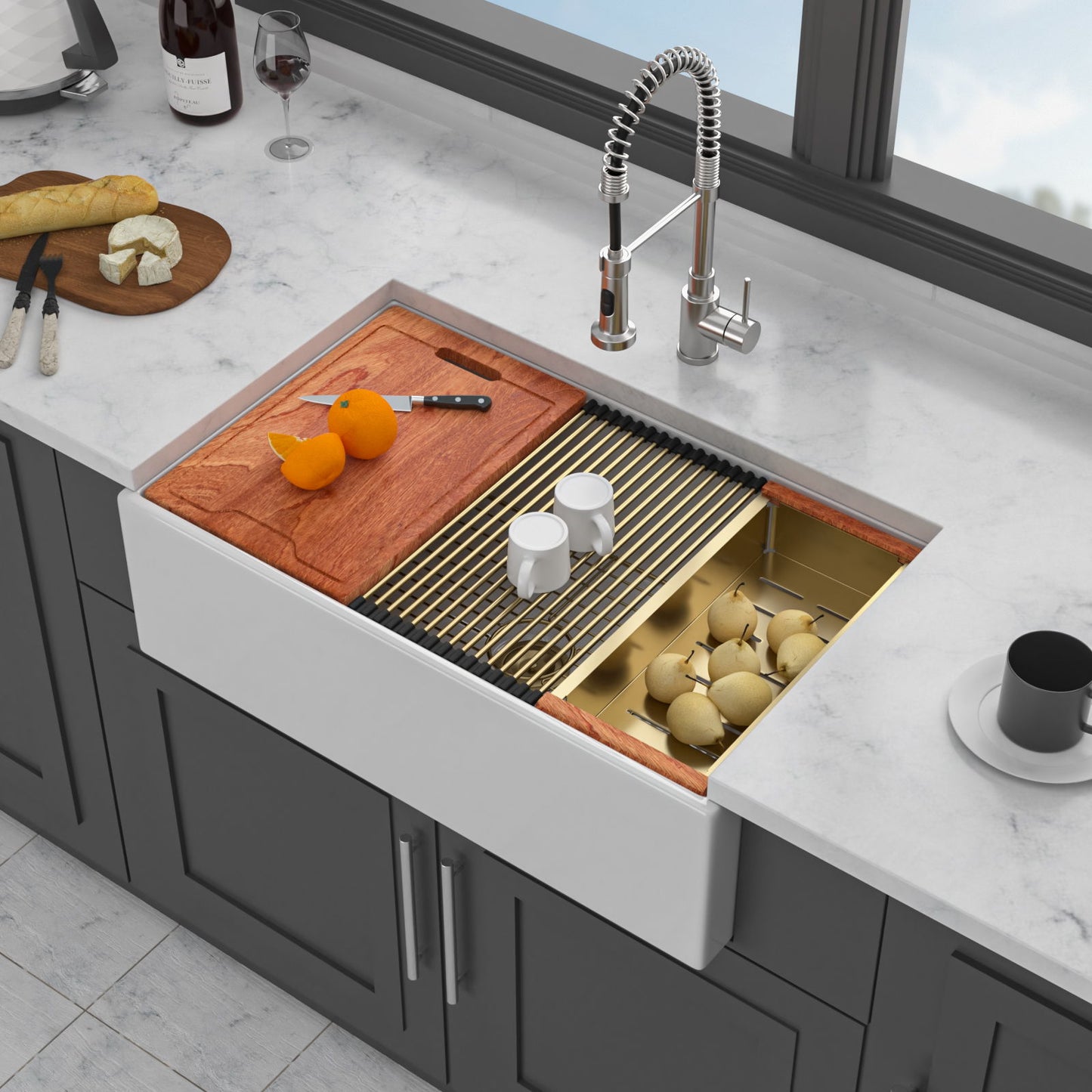 Workstation Single Bowl, Apron Front Kitchen Sink - White